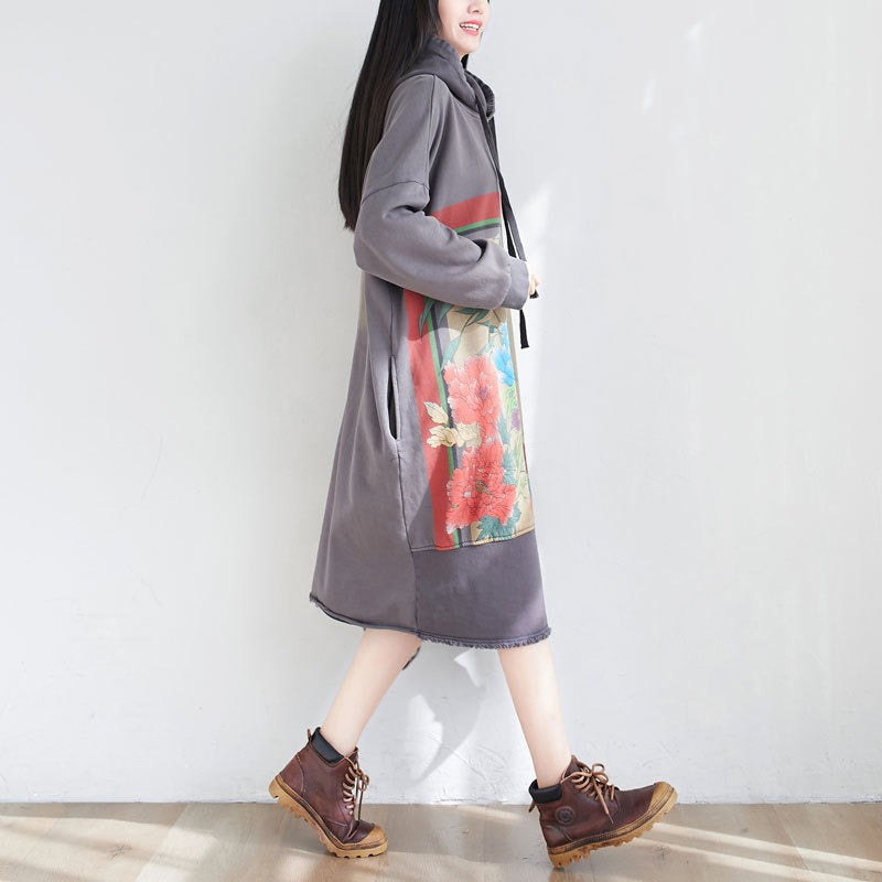 Literary splicing large size hooded dress Korean style fur side mid length guard