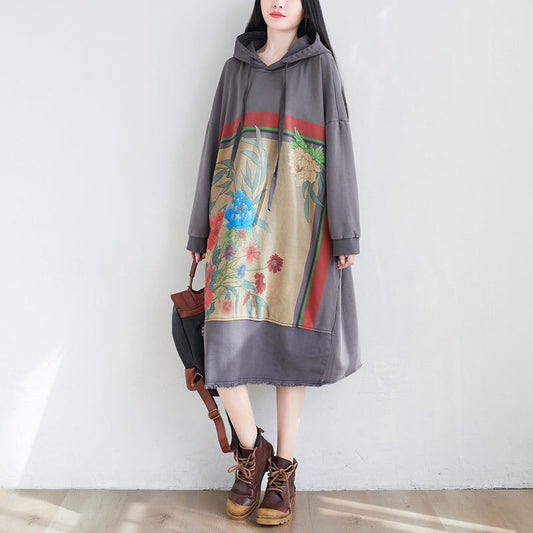 Literary splicing large size hooded dress Korean style fur side mid length guard