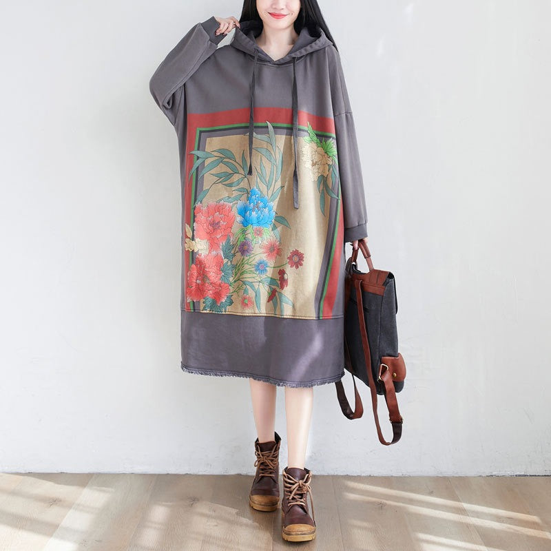 Literary splicing large size hooded dress Korean style fur side mid length guard