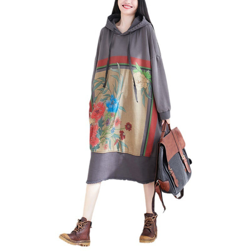 Literary splicing large size hooded dress Korean style fur side mid length guard