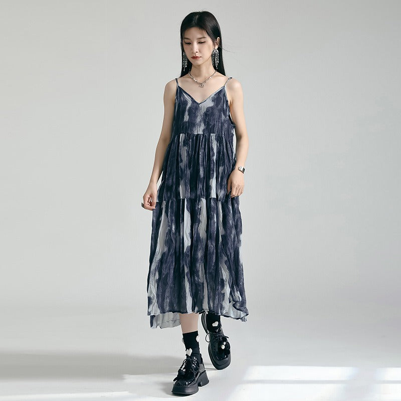 Women Blue Printed Long Big Size Spaghetti Strap Dress New V-Neck Sleeveless Fashion