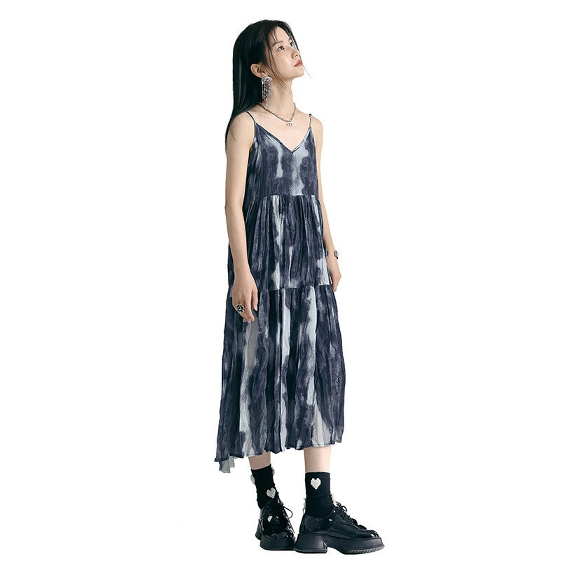 Women Blue Printed Long Big Size Spaghetti Strap Dress New V-Neck Sleeveless Fashion