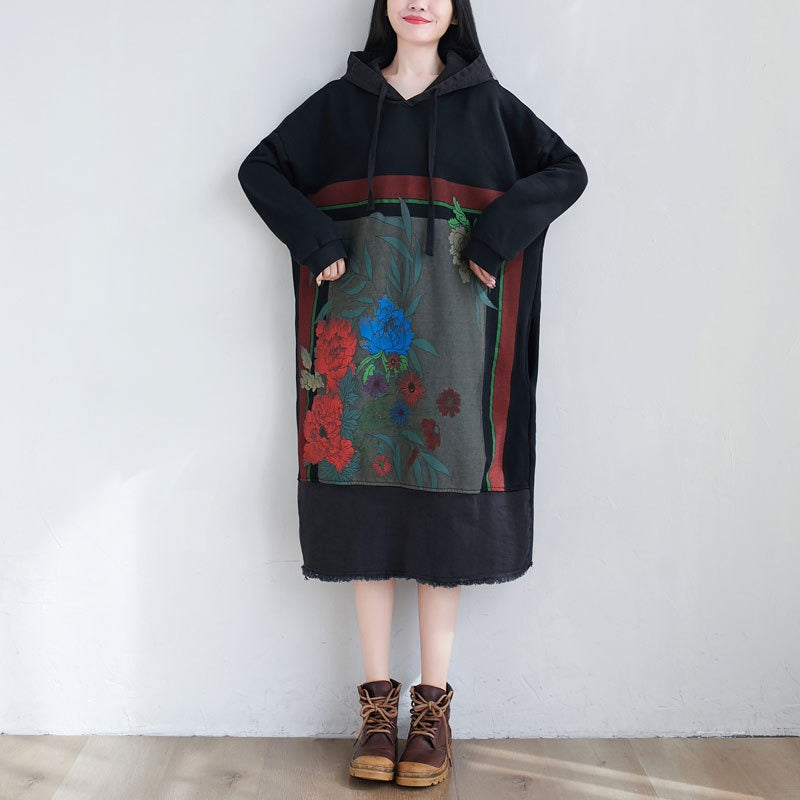 Literary splicing large size hooded dress Korean style fur side mid length guard