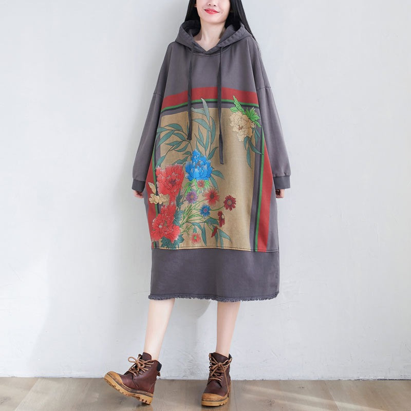 Literary splicing large size hooded dress Korean style fur side mid length guard